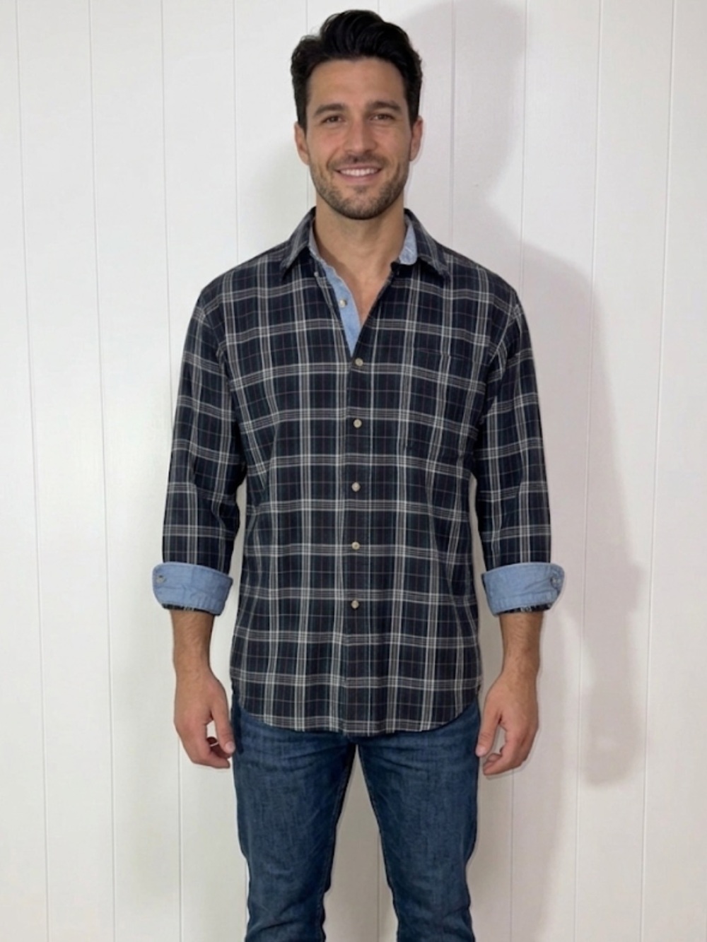 Vintage 100% Jean Denim Men's Navy & Gray Plaid Button-Up Shirt